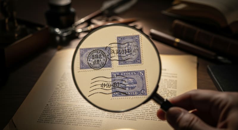 عدسة مكبرة تفحص ختماً مزوراً على وثيقة