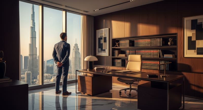 محامي تحصيل ديون متخصص يقف في مكتبه الفاخر المطل على أفق مدينة خليجية حديثة.