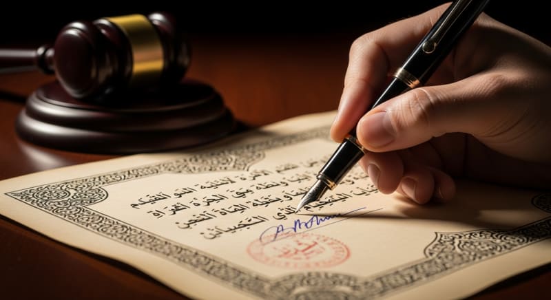 يد توقع على وثيقة قانونية بمساعدة محامي تحصيل ديون لضمان صحة الإجراءات.