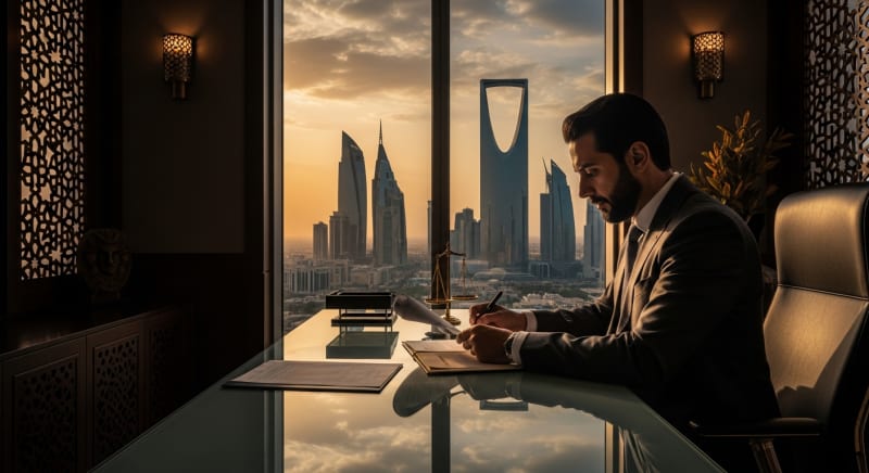 محامي قضايا عمالية متخصص يجلس في مكتبه الفاخر ويقدم استشارات قانونية.