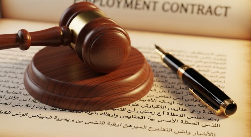 مطرقة قاضٍ بجانب عقد عمل، في إشارة إلى دور محامي قضايا عمالية في تحقيق العدالة.