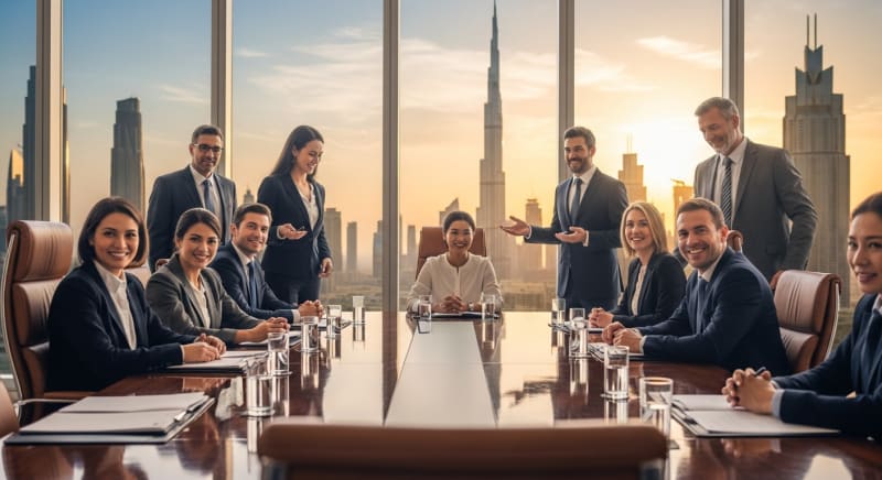 مستثمرون أجانب يناقشون خطوات فتح شركة في دبي للاجانب في مكتب يطل على أفق المدينة.