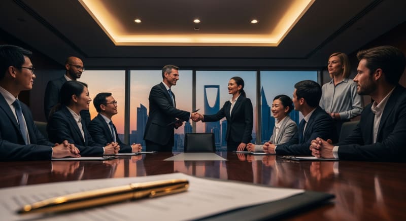 رجال أعمال يصافحون بعضهم في اجتماع ناجح حول خطوات فتح شركة في السعودية.