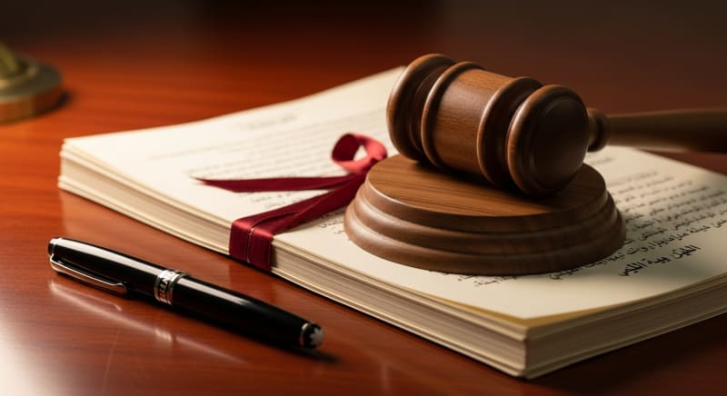 مطرقة قاضي بجانب عقد عمل، إشارة إلى دور أفضل محامي في القضايا العمالية في تحقيق العدالة.