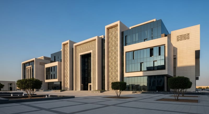 واجهة محكمة عصرية في السعودية، ترمز إلى ساحة عمل أفضل محامي في القضايا العمالية.