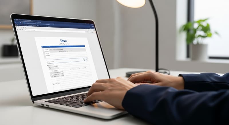 شخص يقوم بتعبئة حقول نموذج devis word على الحاسوب.