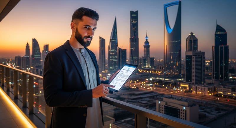 رائد أعمال سعودي يمثل نجاح عملية تأسيس شركة فردية في السعودية أمام أفق مدينة الرياض.