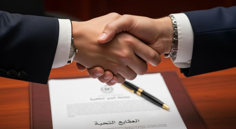 مصافحة عمل أمام عقد قانوني توضح أهمية الإجراءات الرسمية في تأسيس شركة فردية في السعودية.