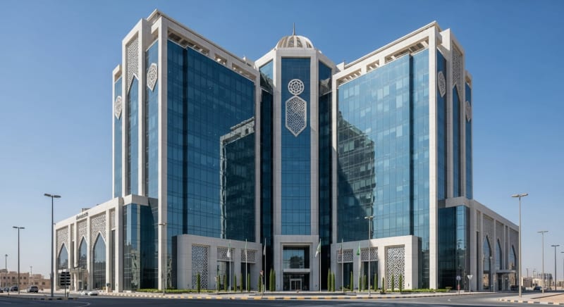 مبنى عصري يمثل الجهات المختصة التي يجب مراجعتها عند تأسيس شركة فردية في السعودية.