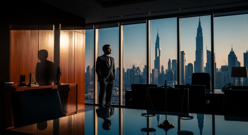 محامي القضايا العمالية يقف بثقة في مكتبه لتقديم الاستشارات القانونية.