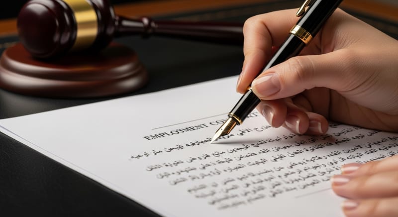 يد توقع عقداً بمساعدة محامي القضايا العمالية لضمان الحقوق.