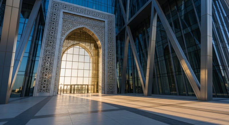 مبنى محكمة حديثة يعمل به محامي القضايا العمالية في الخليج.