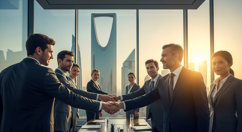 رجال أعمال دوليون يصافحون بعضهم البعض في الرياض كدليل على نجاح تأسيس شركة أجنبية في السعودية.