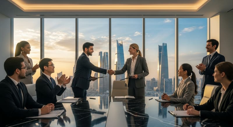 مستثمرون أجانب يعقدون صفقة ناجحة بعد إتمام إجراءات تاسيس شركة بالسعودية للاجانب.