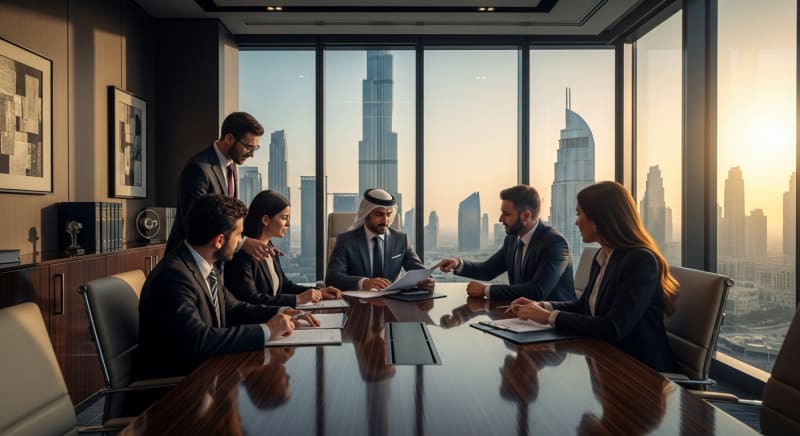 فريق من المحامين الخبراء يناقشون تفاصيل إحدى قضايا عمالية في مكتبهم الحديث بالخليج.