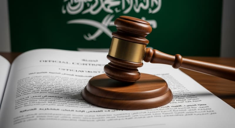 مطرقة القاضي فوق عقد عمل عربي كدلالة على الفصل في قضايا عمالية.