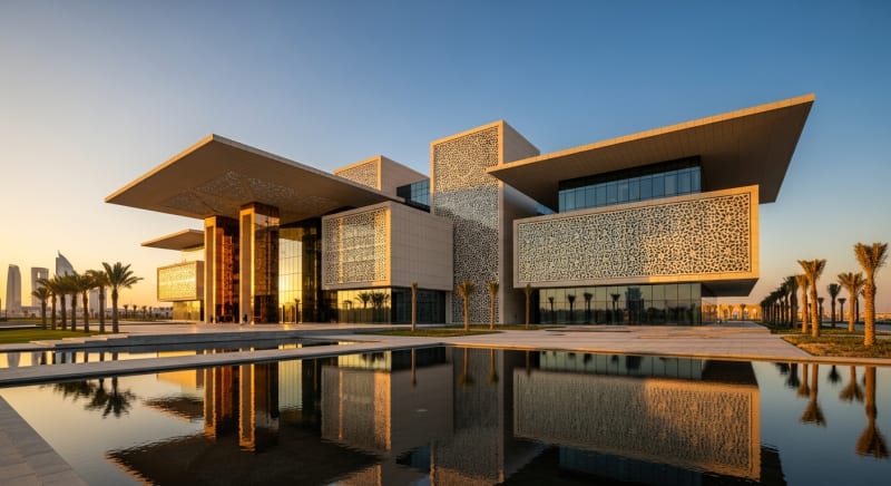 واجهة مبنى محكمة عصرية بالخليج مختصة بالنظر في قضايا عمالية وحقوق الموظفين.