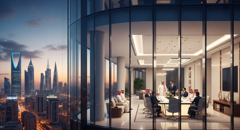 منظر معماري حديث يعكس بيئة الأعمال المثالية لـ تأسيس شركة عقارية في السعودية.