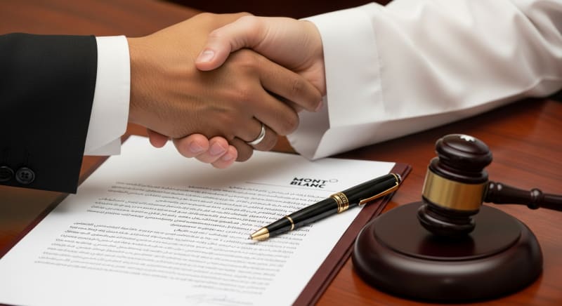 مصافحة عمل فوق عقد قانوني لإتمام إجراءات تأسيس شركة عقارية في السعودية.