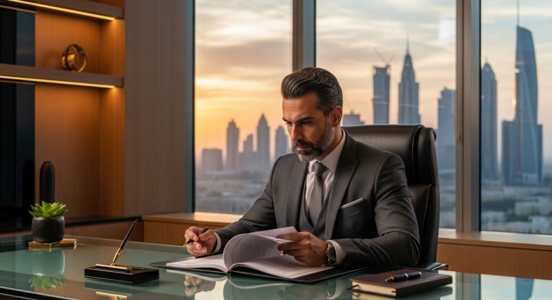 محامٍ خليجي يراجع مستندات قانونية لتحديد أتعاب المحاماة في القضايا العمالية في مكتبه الأنيق.