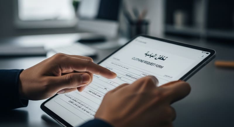 صورة لشخص يقوم بتعبئة نماذج طلب الملابس المعتمدة.