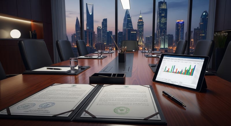 وثائق رسمية على طاولة مكتب توضح تفاصيل رسوم تأسيس شركة في السعودية.