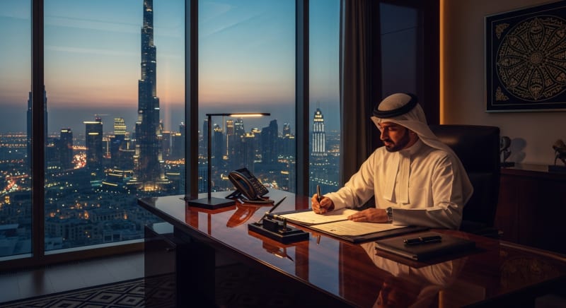 محامي في القضايا العمالية يجلس في مكتبه الفاخر ويقدم استشارة قانونية متخصصة.