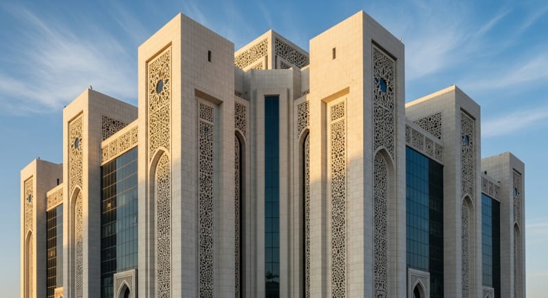 واجهة مبنى قانوني حديث يعمل به محامي في القضايا العمالية متخصص في قانون العمل الخليجي.