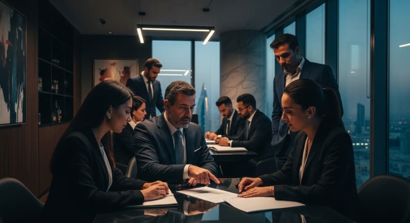 فريق من محامين قضايا عماليه متخصصين يقدمون استشارة قانونية في مكتبهم بالرياض.