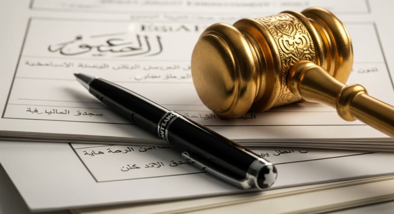 مطرقة قاضي بجانب عقد عمل يراجعه فريق محامين قضايا عماليه.