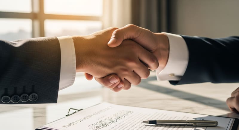 مصافحة بين محامي وعميل ترمز إلى حل نزاع العمل بمساعدة افضل محامي قضايا عمالية.