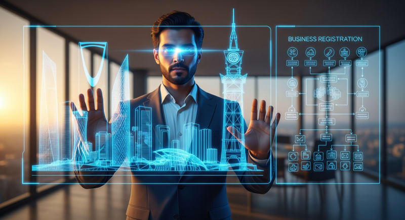 رائد أعمال يراجع خطوات فتح شركة في السعودية على شاشة تفاعلية حديثة.
