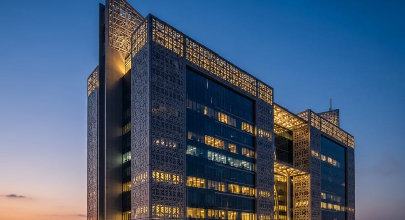 واجهة محكمة عصرية حيث يترافع محامي تخصص قضايا عمالية للدفاع عن حقوق العمال والشركات.