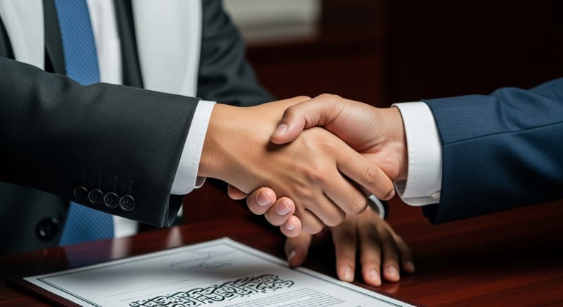 مصافحة عمل ترمز إلى النجاح في تطبيق شروط تاسيس شركة في قطر.