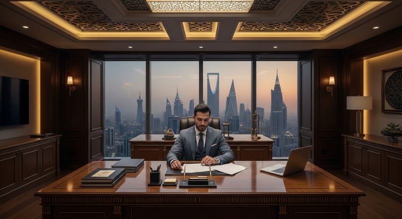 مستشار قانوني في مكتبه يقدم استشارة قانونية تجارية متخصصة.