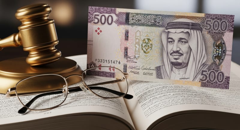 مطرقة قاضي وعملة سعودية بجانب كتاب قانوني، ترمز لعمل محامي قضايا تجارية في السعودية.