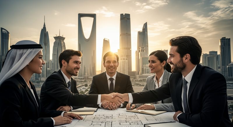 رجال أعمال ينهون اتفاقية تأسيس شركة في السعودية أمام أفق الرياض.