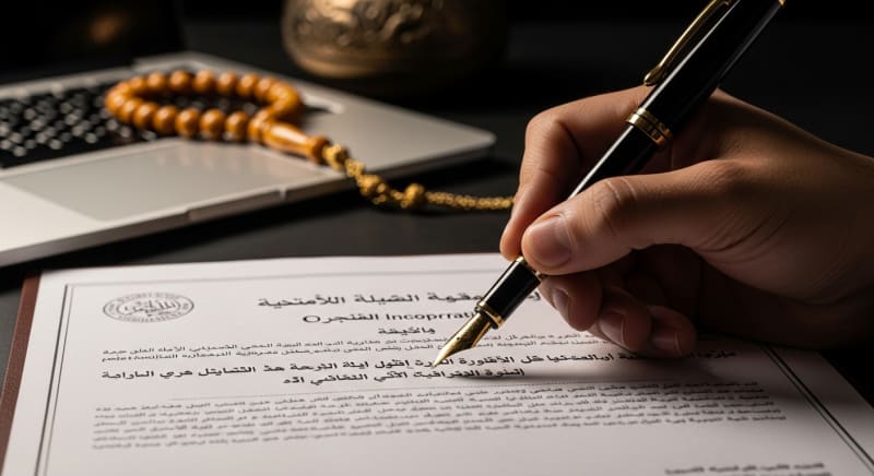قلم يوقع على وثيقة تأسيس شركة في السعودية بجانب حاسوب محمول.