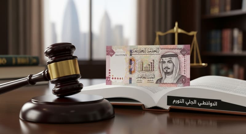 مطرقة قاضي وكتاب قانون العمل يمثلان دور محامي قضايا عمالية في السعودية.