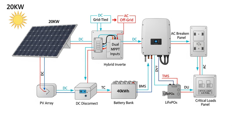 20kw solar system with battery storage - engineering architecture diagram 2026