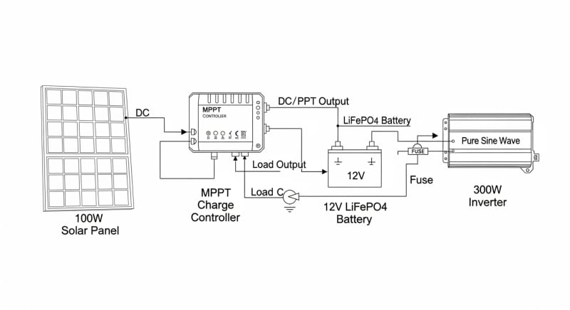 100 watt solar panel kit with battery and inverter - engineering architecture diagram 2026