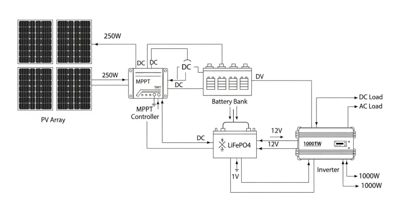 1000 watt solar panel kit with battery and inverter - engineering architecture diagram 2026