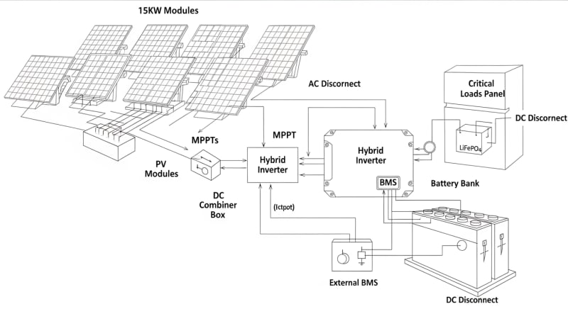 15kw solar system with battery storage - engineering architecture diagram 2026