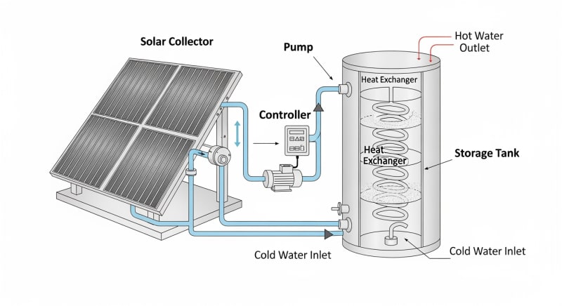 solar power hot water system - engineering architecture diagram 2026