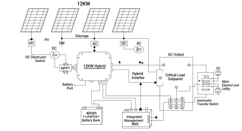 12kw solar system with battery storage - engineering architecture diagram 2026