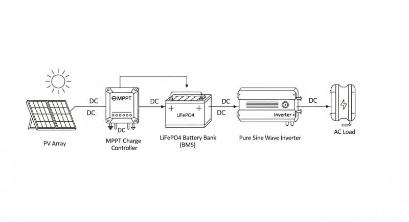 battery bank with solar panel - engineering architecture diagram 2026