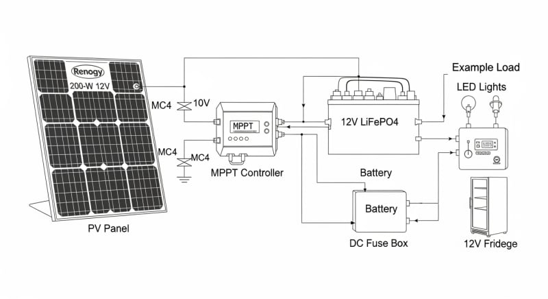 renogy 200 watt 12 volt monocrystalline solar panel - engineering architecture diagram 2026