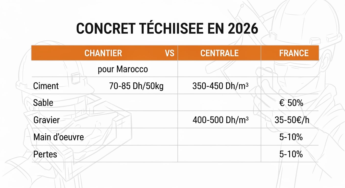 Calcul prix de revient béton chantier 2026 - Tableau de dosage et coûts Maroc