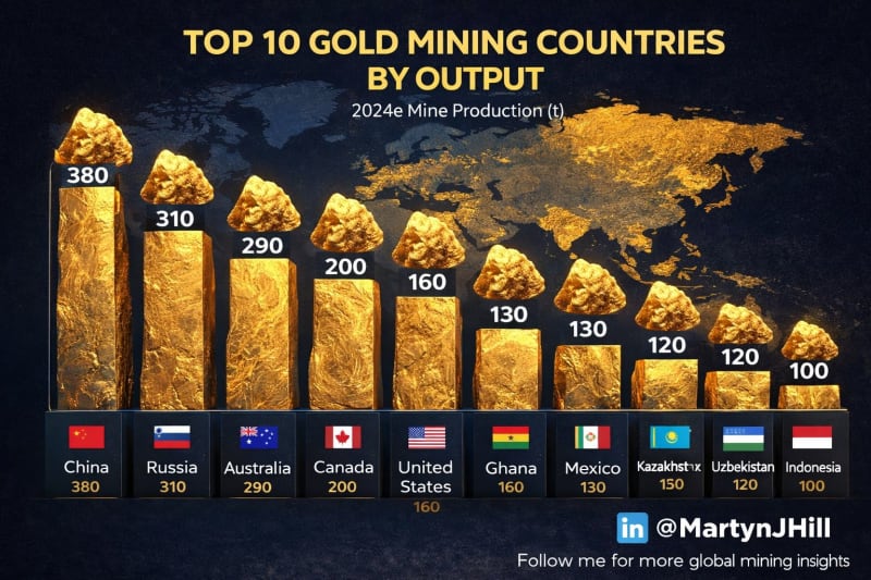 Top 10 Gold Mining Countries by Output 2024