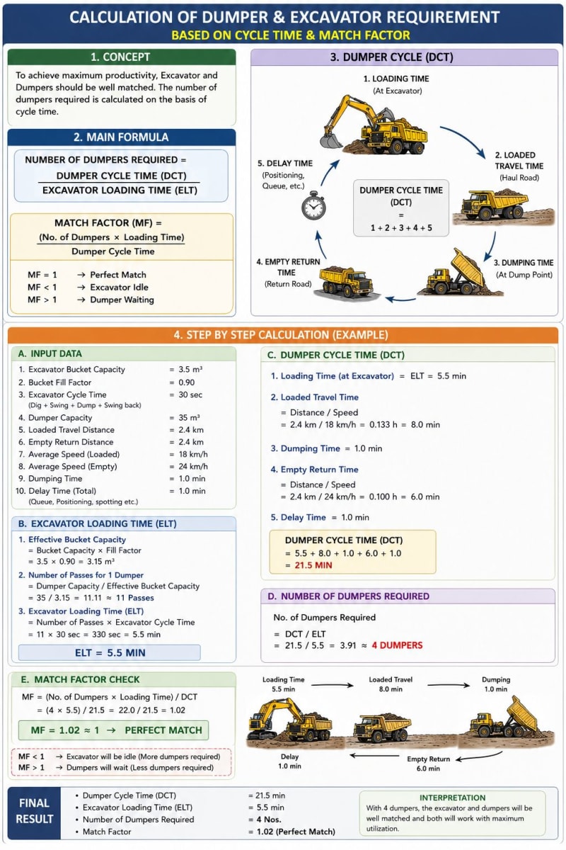 Calculation of Dumper and Excavator Requirement Based on Cycle Time and Match Factor